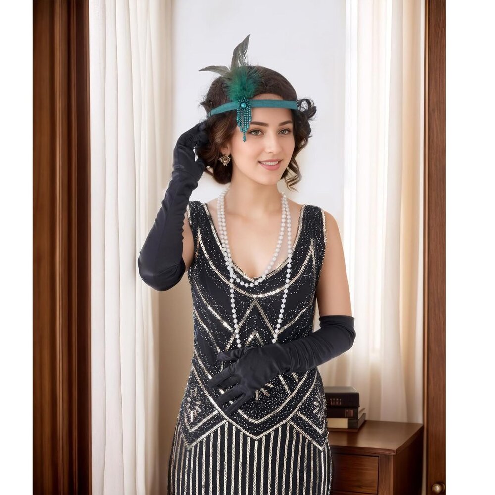 1 Pcs 1920s Flapper Headpiece Green Feather Headband Roaring 20s Gatsby Hair Acc - Picture 5 of 8